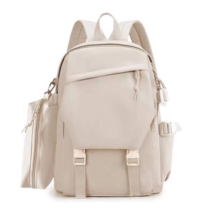 Minimalist beige nylon student backpack set with a side pouch and buckle flap closure