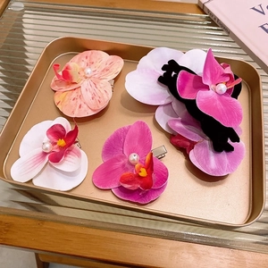 Resort style phalaenopsis flower hair claw sweet pearl shark clip women hair accessories