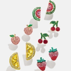 Sparkling crystal fruit earrings set with watermelon lemon cherry and peach designs