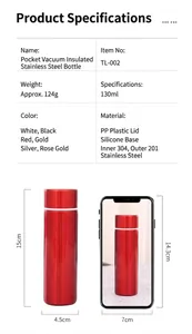 Mini 130ml red stainless steel pocket vacuum flask with dimensions and specifications