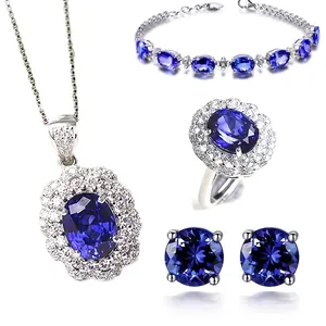 Copper Blue Crystal Halo Jewelry Necklace Bracelet Ring And Stud Earrings For Women Elegant Vintage Petal Style
