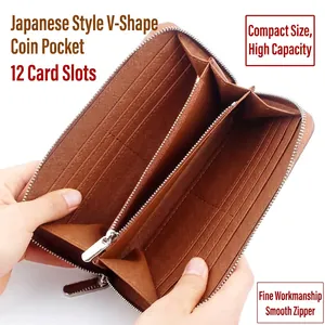 Brown Saffiano leather wallet with 12 card slots and V-shaped coin pocket