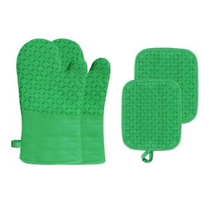 Green silicone oven mitts and pot holders with non-slip texture on white background