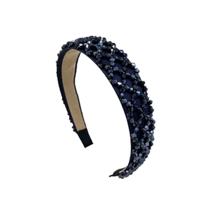 Sparkling black crystal beaded headband with vintage wide woven design for women