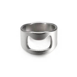 Silver stainless steel bottle opener ring tool with minimalist design on white background