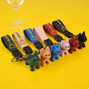 French Bulldog Keychain Cute Cartoon Dog Resin Bag Charm With PU Leather Strap Metal Ring Pendant Gift For Women