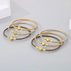 Detailed macro of 3mm stainless steel twisted rope bracelets with Pixiu and heart charms