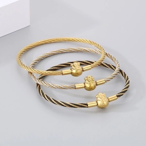 Set of 3 stainless steel 3mm cable bracelets with gold fortune bead charms in various colors