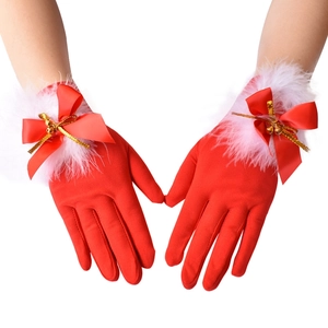 Guanti di Natale Donna Carino Poliestere Guanti Con Finitura in Piume Fiocco Campanelli d-Oro Festivo Accessoires Inverno
