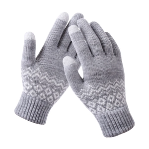 Winter thermal knit gloves with grey and white geometric jacquard pattern for women