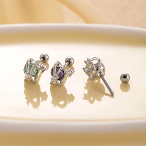 Titanium steel planet earrings set with green and purple cubic zirconia and screw back