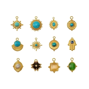 Golden titanium steel jewelry charms with natural turquoise and stones in various shapes
