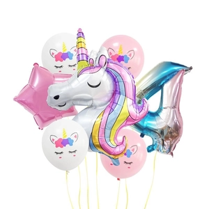 Rainbow unicorn foil balloon set with gradient number 4 and pink stars for 4th birthday