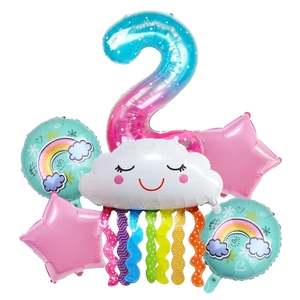 Rainbow cloud balloon set with number 2, colorful tassels and stars for birthday party