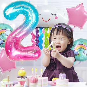 Rainbow cloud and number 2 foil balloon set for toddler girl second birthday party decor