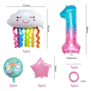 Rainbow cloud foil balloon set with number one and pink stars for first birthday decor