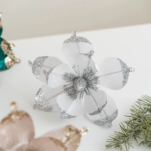 White 20cm artificial magnolia flower with silver glitter edges for Christmas tree decor
