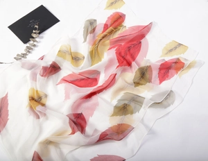 Detail of translucent chiffon scarf featuring realistic colorful autumn leaf prints