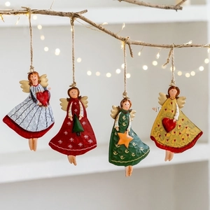 Rustic Metal Christmas Angel Hanging Ornaments Distressed Painted Iron Girl Figurine For Xmas Tree Decor Holiday
