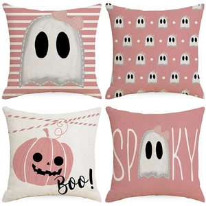 Set of 4 pink Halloween ghost and pumpkin linen pillow covers for home sofa decor
