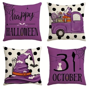 Detailed set of four linen Halloween pillow covers featuring purple spooky festive patterns
