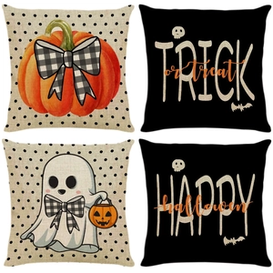 Detailed set of four square Halloween linen pillow covers featuring festive trick or treat patterns