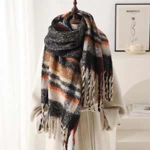 Thick checkered scarf with colorful plaid patterns and fringe tassels for winter warmth