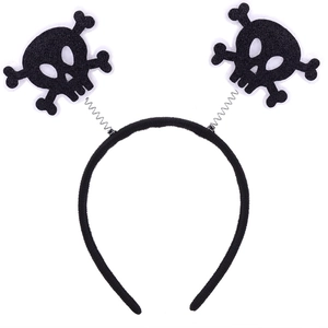 Halloween headband with glittery black skull boppers on springs for party costumes
