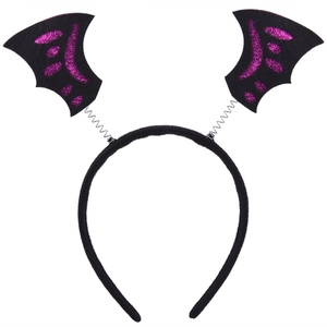 Detail of Halloween headband featuring black glitter bat wings on flexible metal springs