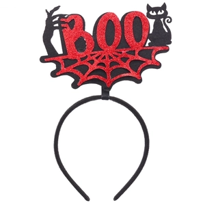 Detail of Halloween headband with red glitter BOO text, black cat and hand silhouette