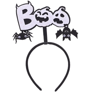 Detail of Halloween headband featuring white BOO letters, black spiders and bats
