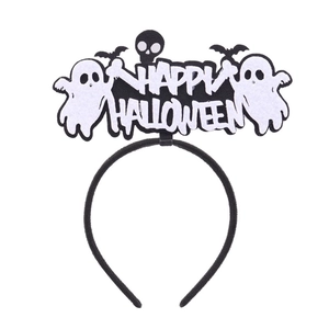 Detail of Halloween headband with white felt ghost, bat and Happy Halloween text decor