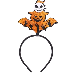 Detail of Halloween headband with orange glitter bat pumpkin and skeleton character
