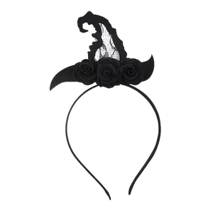 Detail of Halloween black wizard hat headband with lace veil and three cloth roses