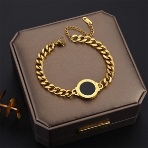 Vintage Stainless Steel Roman Numeral Round Disc Bracelet Women Gold Silver Cuban Link Thick Chain Minimalist Jewelry Gift