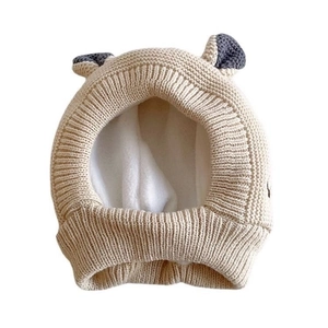 Winter knitted baby bonnet with fleece lining and cute ears in beige and grey