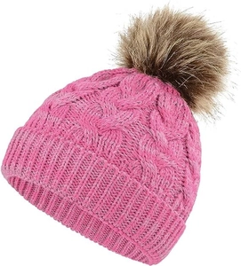 Close-up of pink knit baby beanie with cable stitch pattern and large faux fur pom-pom