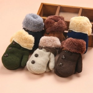 Winter knitted gloves for kids with plush cuffs and buttons in six assorted colors