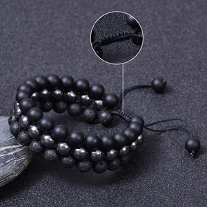 Three-layer adjustable bracelet with natural volcanic lava and agate stones on woven cord
