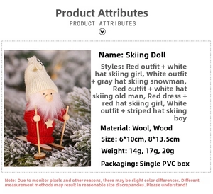 Close-up of a mini skiing Santa doll made of yarn and wood on a snowy pine branch