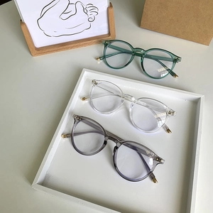 Dettaglio degli occhiali rotondi anti-luce blu in verde, bianco e grigio trasparente