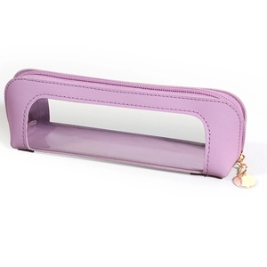 Close-up of purple PU leather pencil case featuring transparent window and gold zipper
