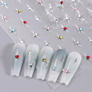 3D silver star nail stickers with colorful rhinestones on gradient press-on nails