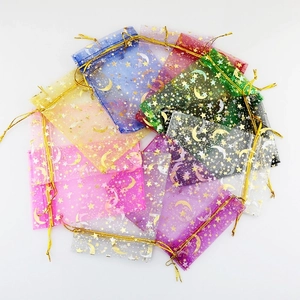 Star and moon gold foil organza gift bags 9x12cm in various vibrant colors