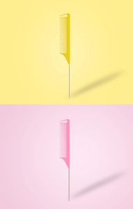 Close-up of yellow and pink tail combs with fine teeth and slender metal pins