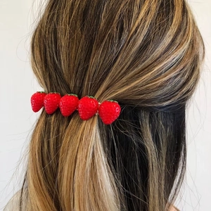 Handmade red strawberry barrette hair clip for women with realistic resin fruit design