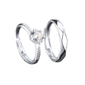 Classic silver six-prong moissanite couple rings set with brilliant round cut gemstone