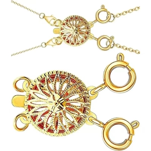 Macro shot of golden sunflower necklace clasp with dual spring hooks for jewelry making