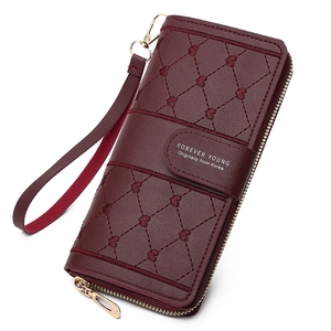 Long red PU leather wallet for women with heart embroidery and detachable wrist strap