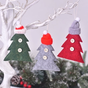 Three-piece felt Christmas tree ornaments with knitted hats and wooden buttons